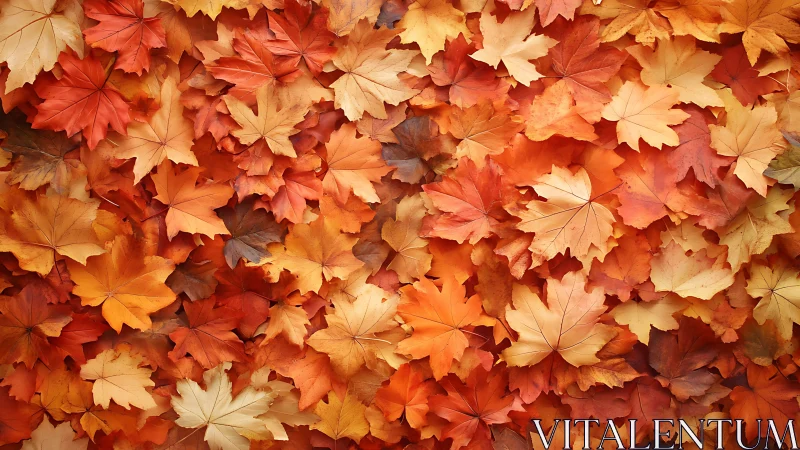 Dense surface of overlapping orange and yellow maple leaves.