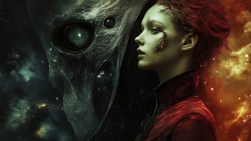 Starlit Rift Between Alien Phantom And Ember-Haired Voyager.