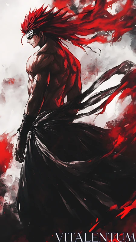 Scarlet-haired warrior in swirling red and black fury.