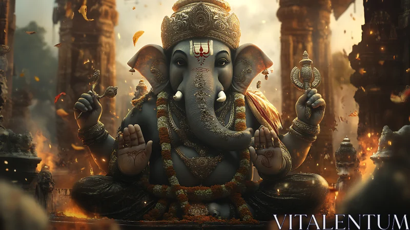 Regal Ganesha idol glows in fiery temple dusk ambiance