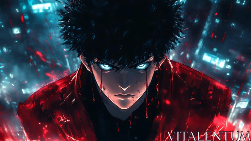 Electric-eyed anime warrior ignites a neon-soaked nightscape