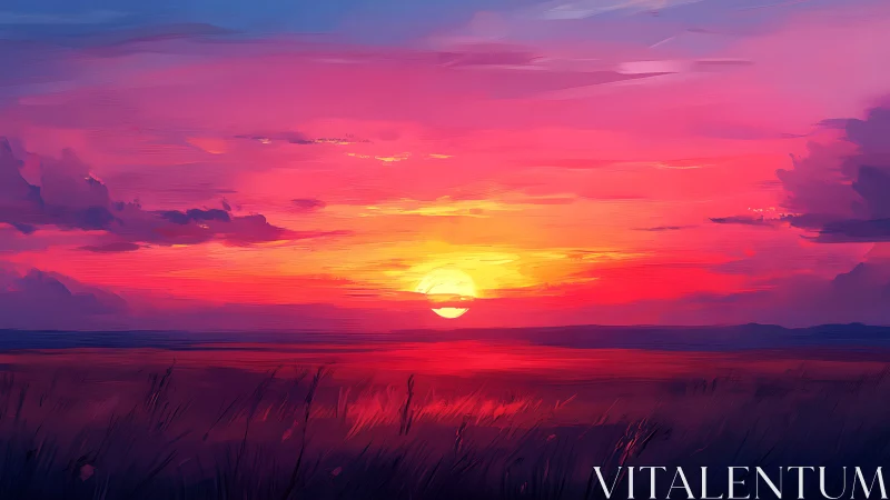 Radiant horizon sunset over painterly crimson plains.