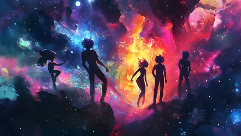 Stargazing silhouettes drift toward a newborn cosmic sunrise