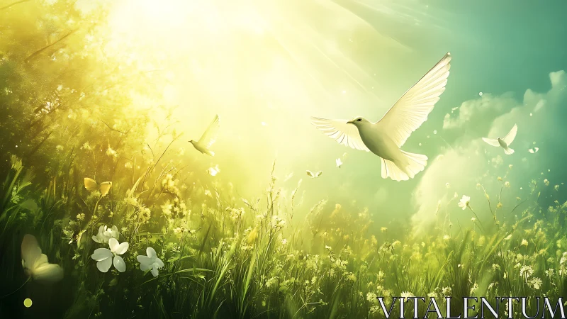 Luminous meadow with ascending white dove, digital painting focus.