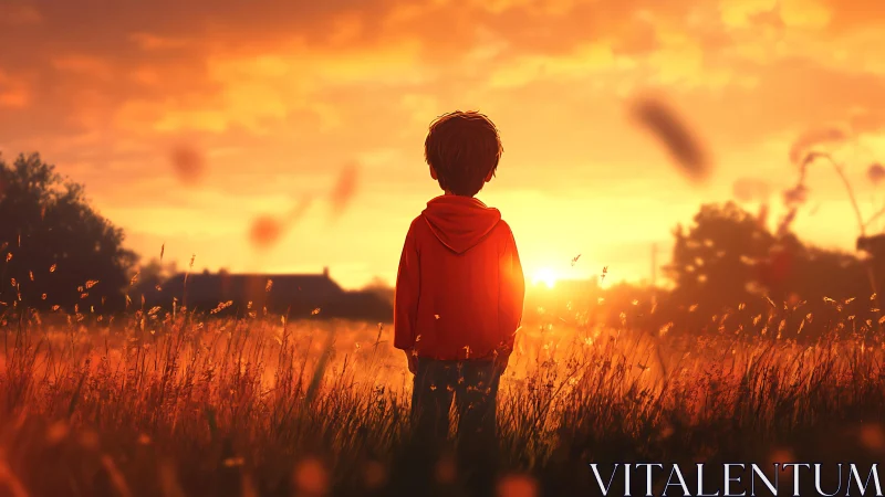 Sunset wraps a quiet child in fields of molten amber light