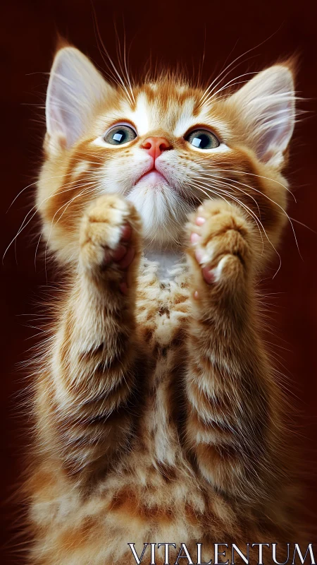 Orange tabby kitten with raised paws displaying expressive green-blue eyes