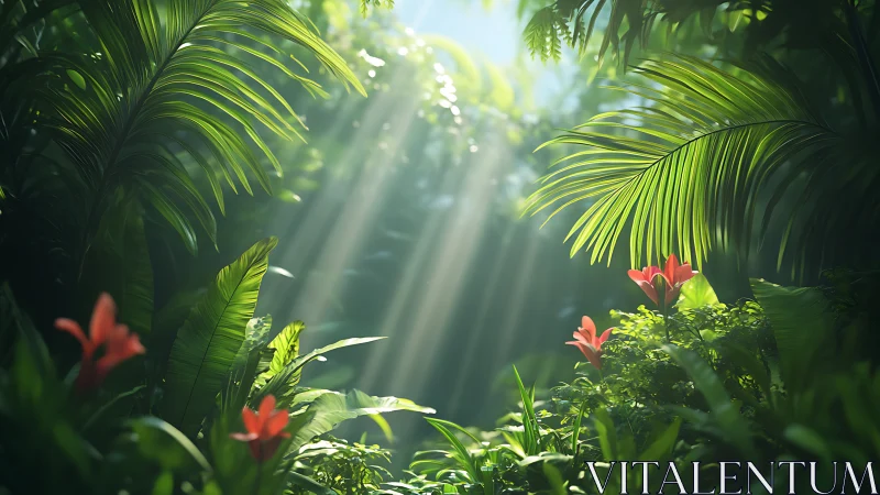 Sunlit jungle clearing with glowing leaves and coral blooms.