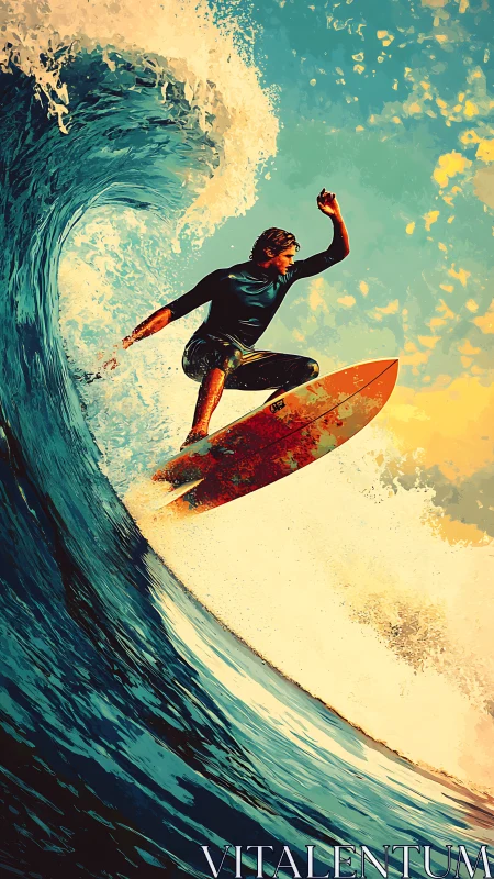 Dynamic digital painting of surfer carving a towering wave.