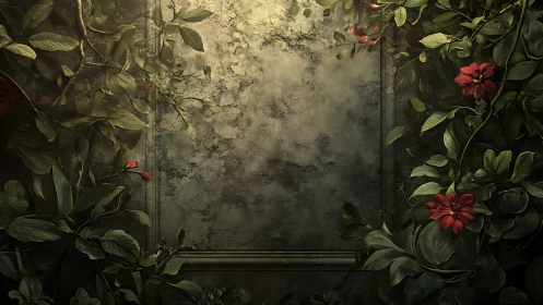 Weathered stone panel framed by dense botanical overgrowth.