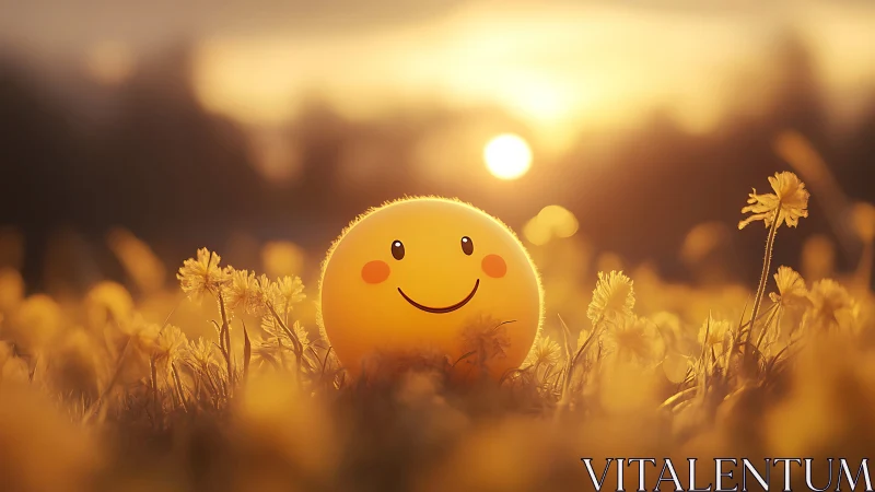 Smiling yellow face ball glowing warmly in a golden meadow.