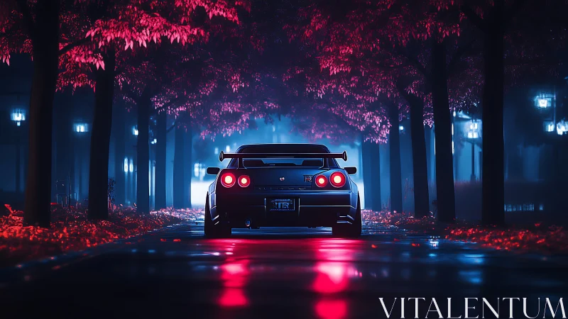 Midnight skyline drifter under neon blossom boulevard.