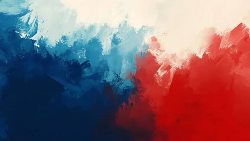 Abstract tricolor brushstroke painting in red, white, and blue.