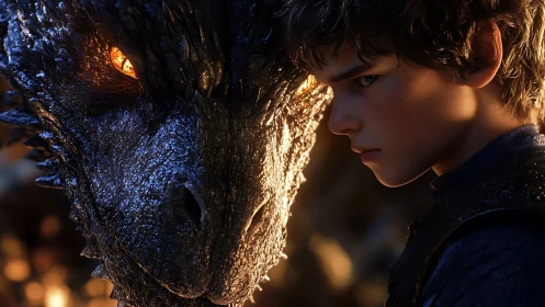 Boy and dragon in intense close-up fantasy portrait.