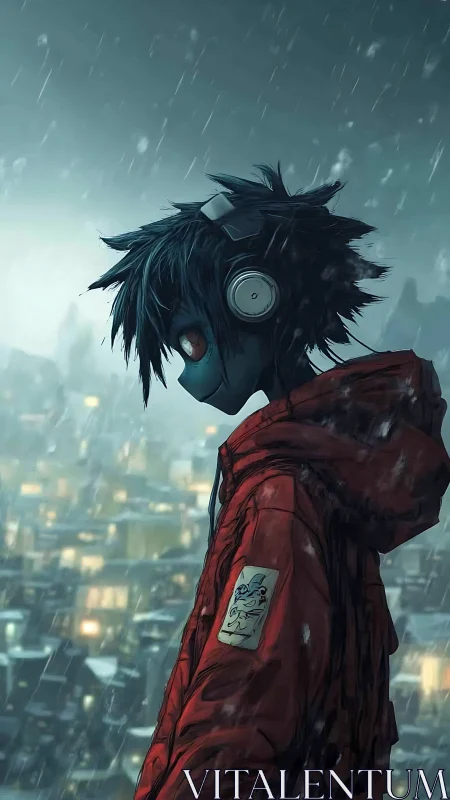 Blue-skinned teen in red jacket walks alone through night rain