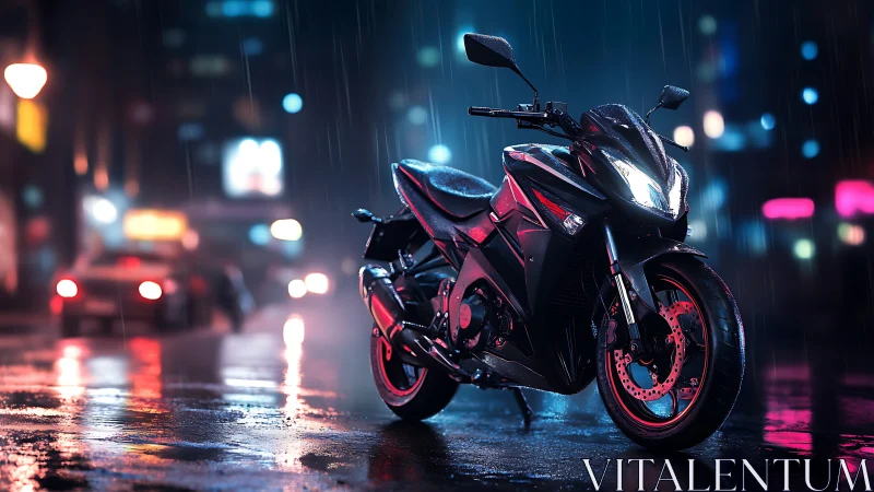 Sport motorcycle on wet neon city street at night period