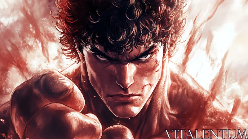 Fierce anime fighter glares forward amid swirling crimson energy