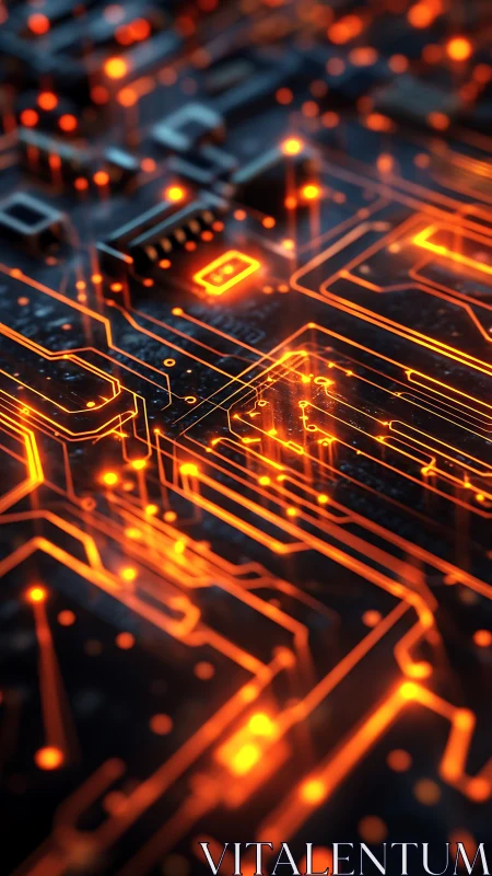 Neon orange circuit pathways glow across a futuristic board