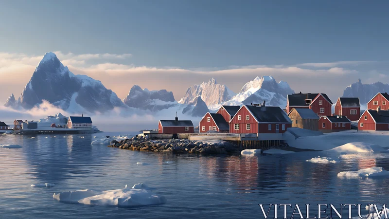 Harbor of red cottages resting beneath quiet arctic peaks.