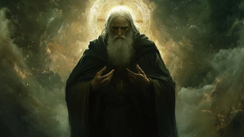 Ancient celestial sage stands within radiant golden halo