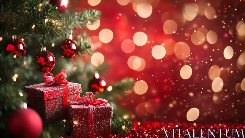 Cozy red Christmas tree gifts glowing with holiday magic.