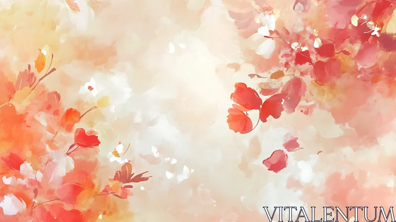 Abstract floral composition with soft red and peach tones.