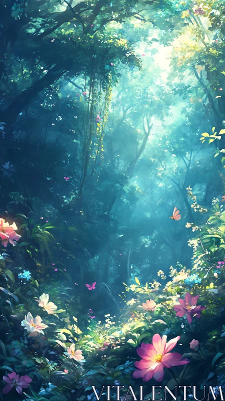 Enchanted Forest Garden Where Light Dances Through Blossoms