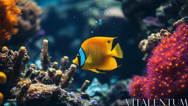 Chromatic reef butterflyfish amid high-contrast coral structures.