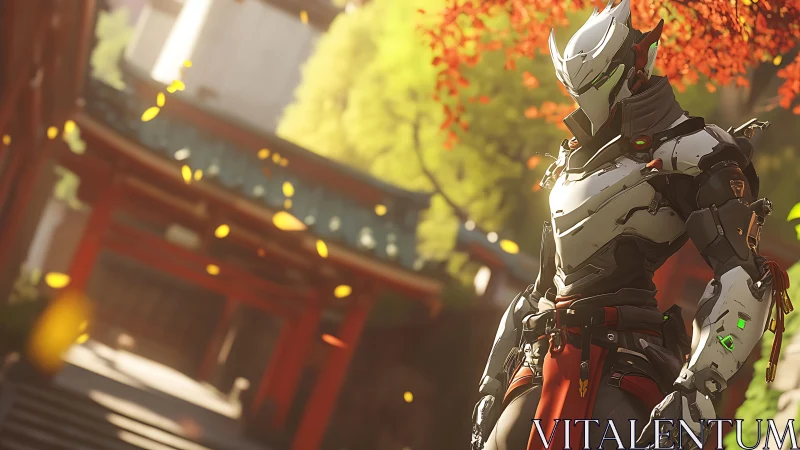 Chrome-clad cyber ninja pauses beneath drifting autumn light