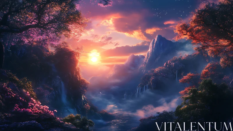 Fantasy sunrise valley with waterfalls and glowing mist.