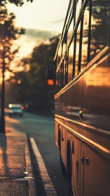 Sunlit city bus drifts through amber soaked evening streets.