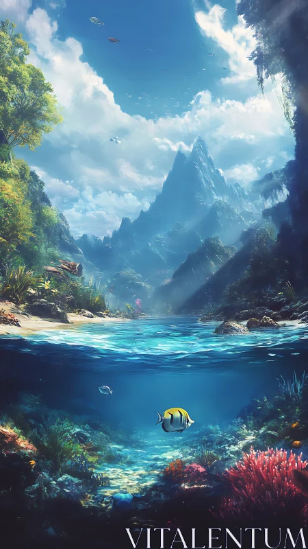 Digital painting of split-view tropical lagoon and peakscape.