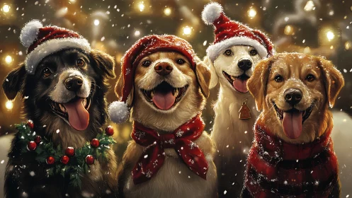 Four domesticated dogs in Christmas attire outdoors.
