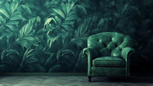 Emerald armchair nesting quietly in a painted jungle dream.