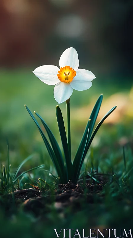 White Daffodil Blooming. Golden-Yellow Cup Centers Spring Bulb.