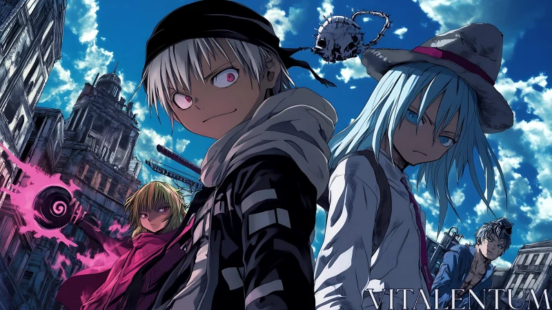 Dynamic anime squad framed by ruined urban skyline and magic