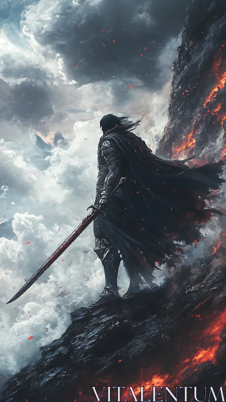 Armored dark warrior on volcanic ridge against storm clouds