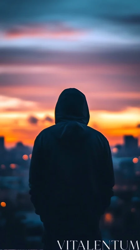 Hooded dreamer gazing over a glowing city sunset sky.