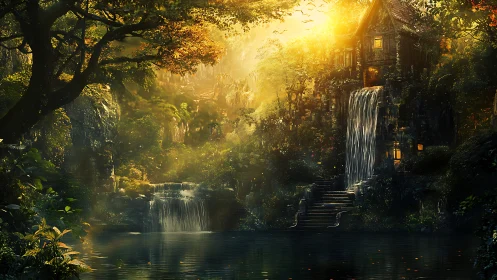 Fantasy woodland retreat with cascading waterfalls composition.