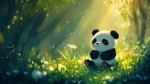 Cute baby panda sitting in sunlit green forest clearing.