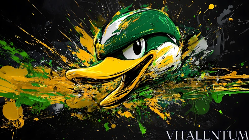 Dynamic duck mascot head rendered in explosive digital splatter