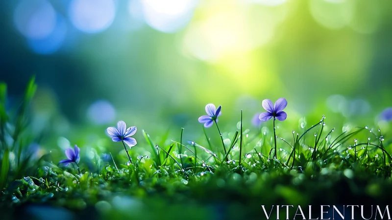 Purple Wildflowers Blooming Among Morning Dew.