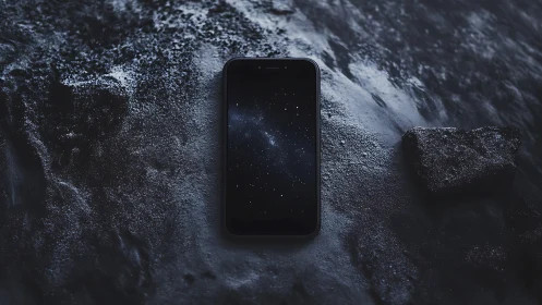 Smartphone with galaxy screen on textured dark stone surface