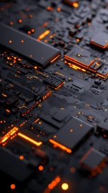 Black circuit board surface with orange illuminated traces.
