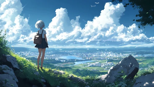 Schoolgirl overlooking sunlit cityscape under towering clouds.