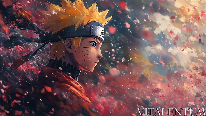 Wind-swept blond anime ninja profile amid kinetic petals