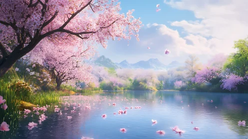 Soft spring petals drift over a calm, flower-lined lake