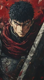 Armored swordsman stares forward with bloodied face