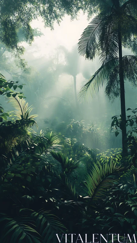 Tropical Canopy Filtered Through Morning Mist and Layered Foliage