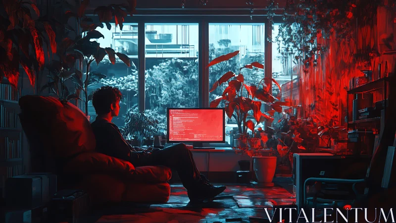 Solitary programmer in red and blue lit indoor workspace.