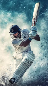 Cricket batsman in white kit executing front foot stroke.